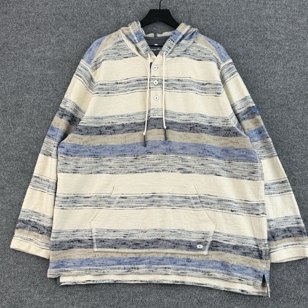 Tommy Bahama Baja Hoodie Mens XXL Blue Cream Stripe Cotton Pullover Boho Costa